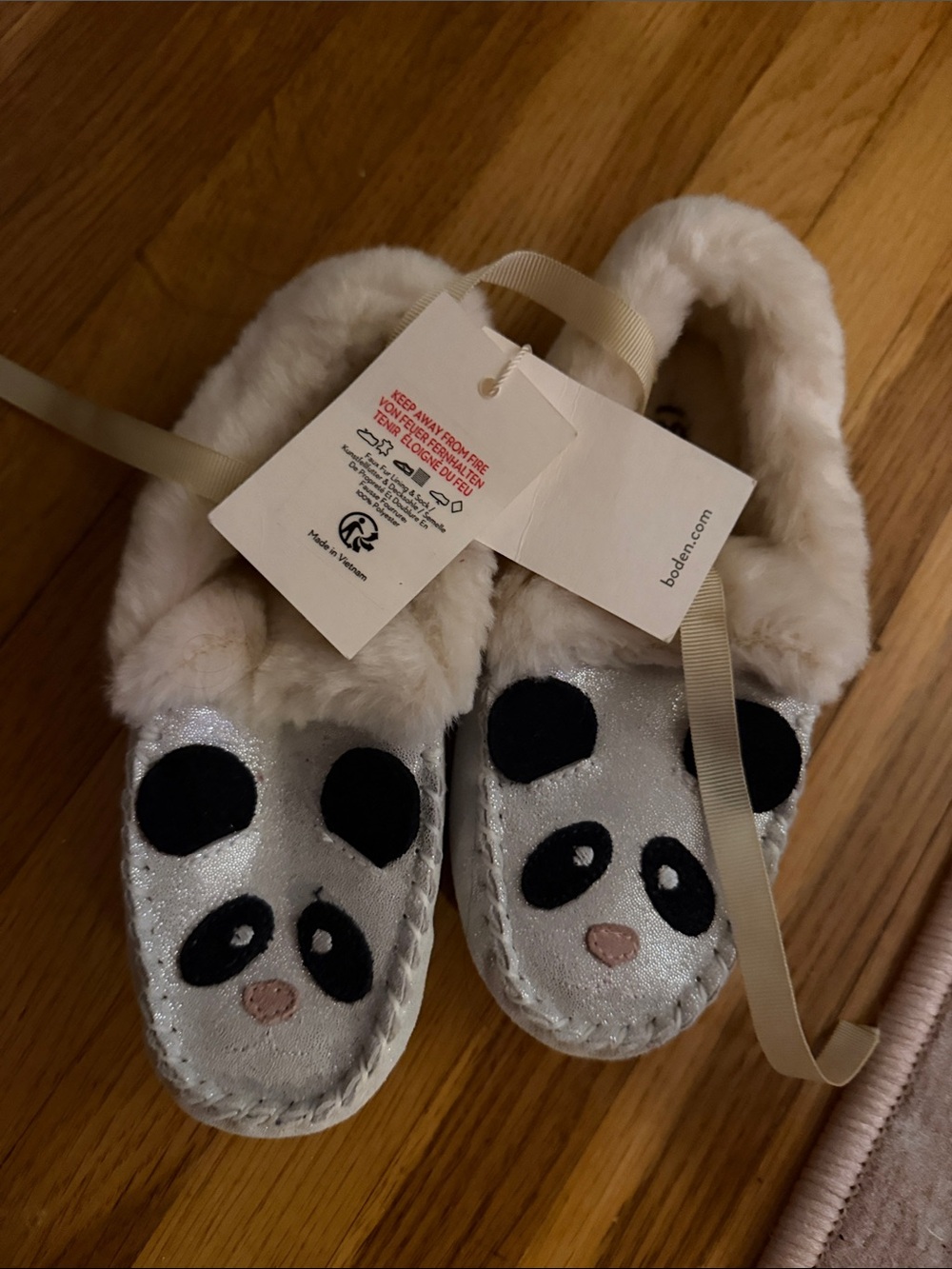 Boden Kids Silver Panda Faux-Fur Slip-Ons